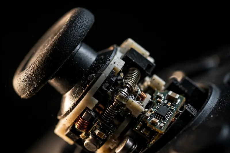 Close-up of a gamepad analog stick module — the component whose wear causes stick drift