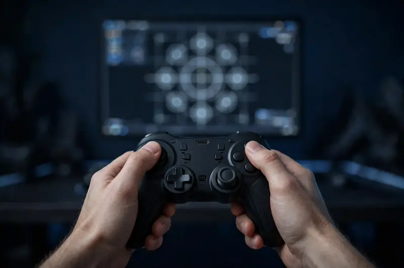 Hands holding a controller in front of a calibration screen