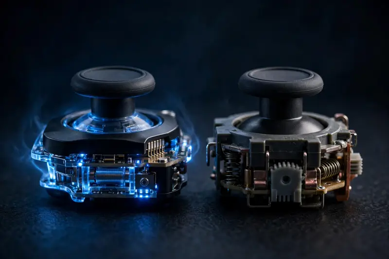 Two analog stick modules side by side — Hall effect and potentiometer types