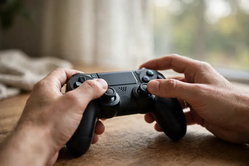 Hands inspecting a used game controller before buying