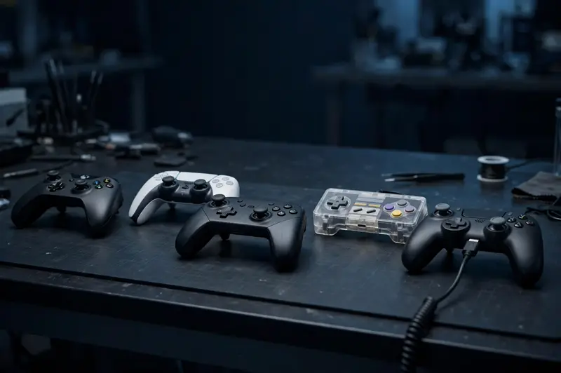 Multiple game controllers arranged on a testing workbench