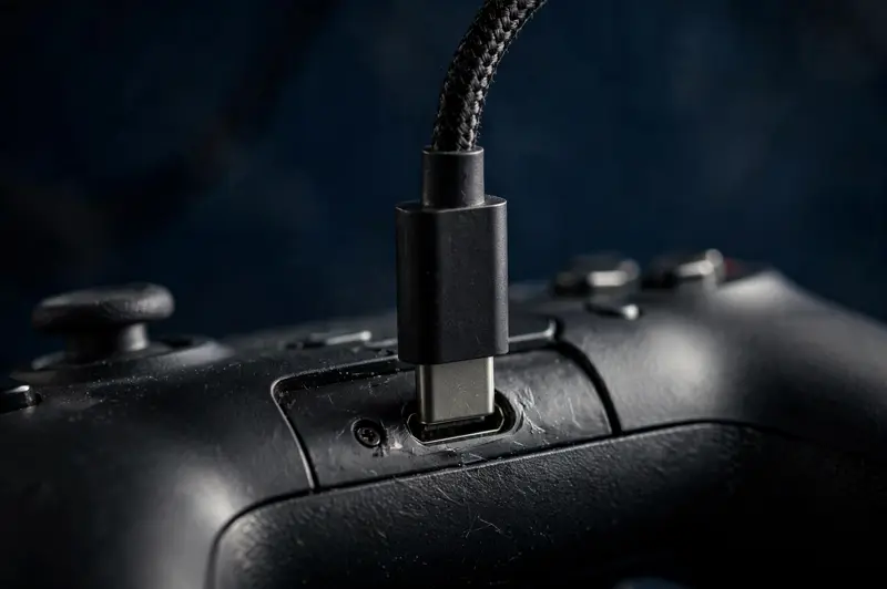 USB cable plugged into a controller for low-latency testing