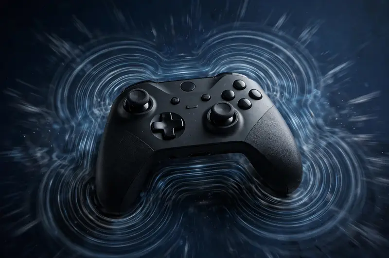 Game controller surrounded by vibration shockwaves during a rumble test